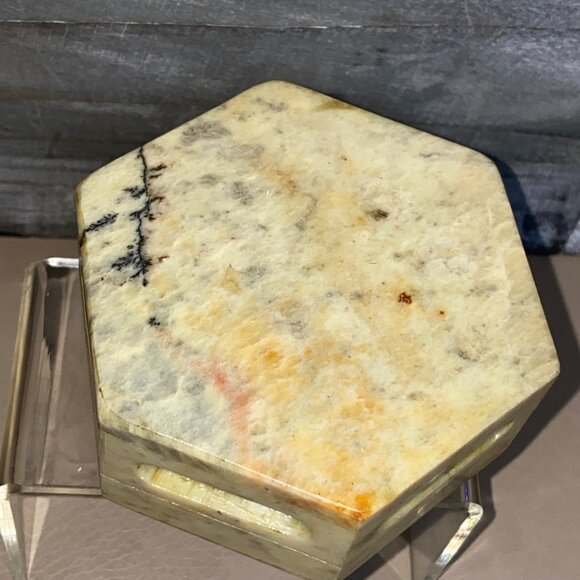 Hexagonal Stone Trinket Box Vintage MOP Inlaid Floral Motif Dendrite Inclusion - Picture 12 of 13